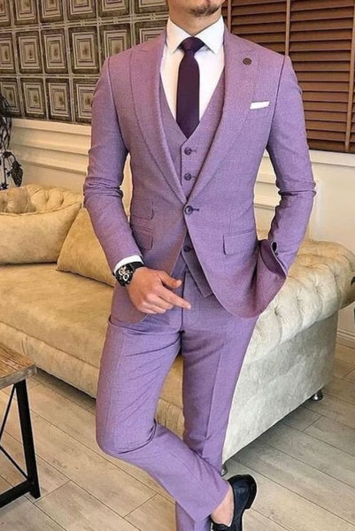 Men Purple Textured Slim Fit Wedding Three Piece Suit