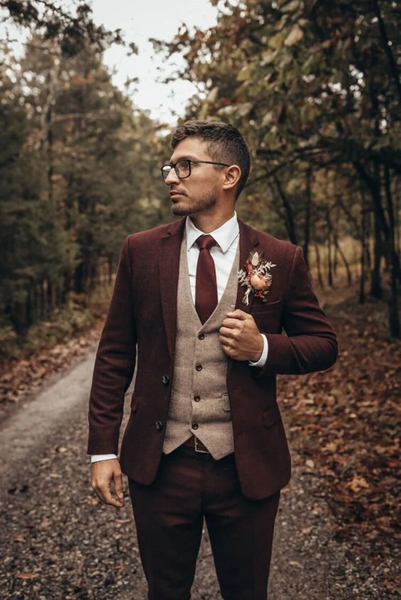 Tweed Suit | Maroon Men's Suit | Three Piece Suit | SAINLY