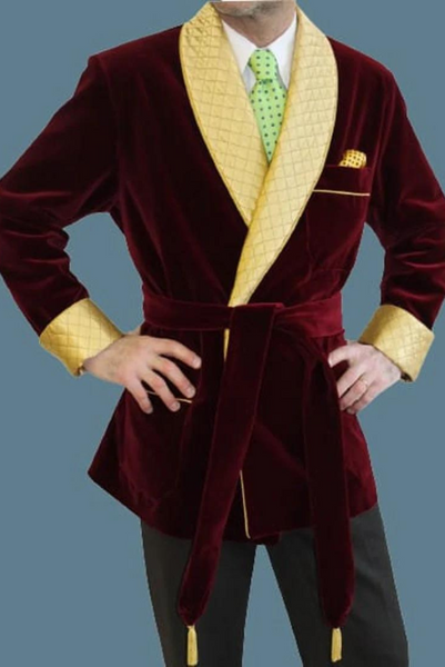 Men Smoking Jacket Maroon Velvet Quilted Robe Blazer dinner Coat 2024 wear