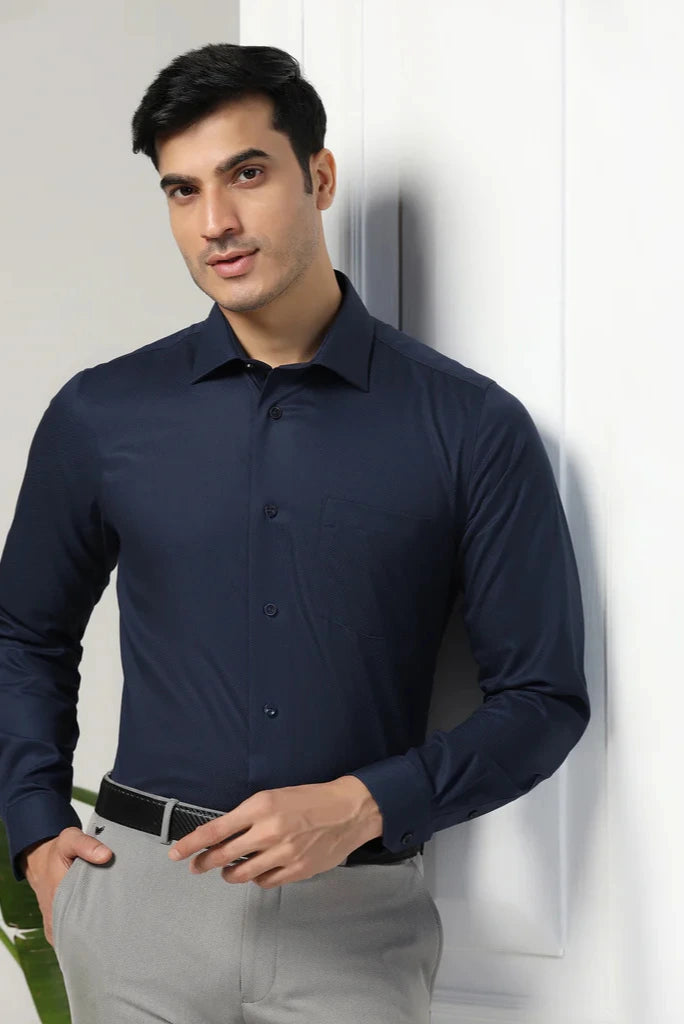 Men Office Outfit Dark Blue Shirt with Grey Pants Sainly