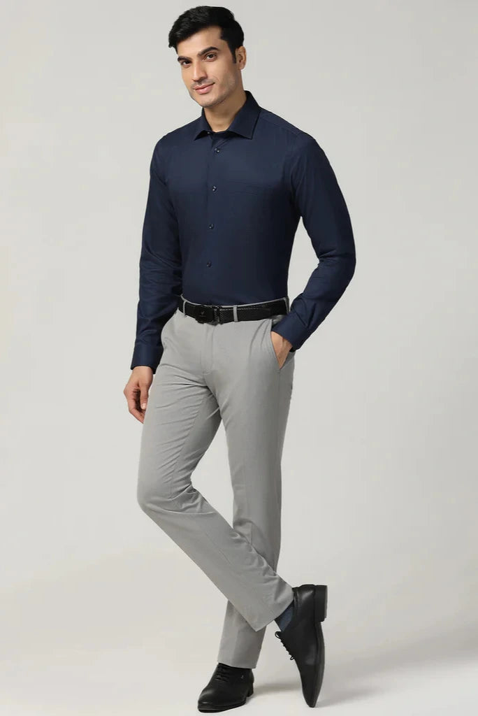 Men Office Outfit Dark Blue Shirt with Grey Pants Sainly