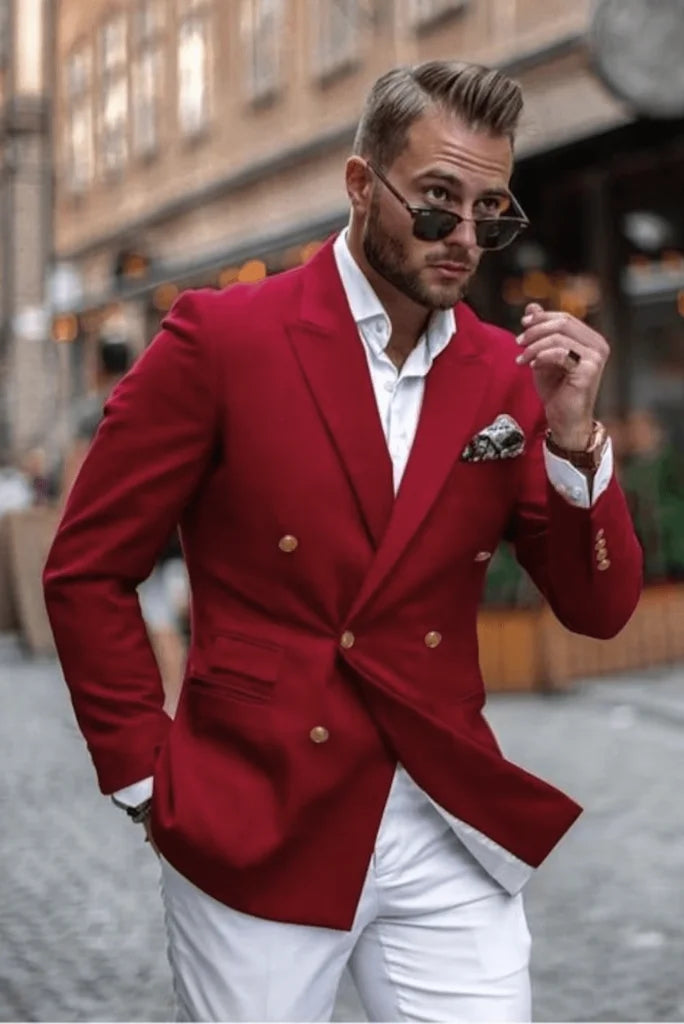 Men's Double Breasted Red Suit With White Pant Elegant Two Piece Suit Wedding Dinner Suit Formal Party Wear Suit Bespoke