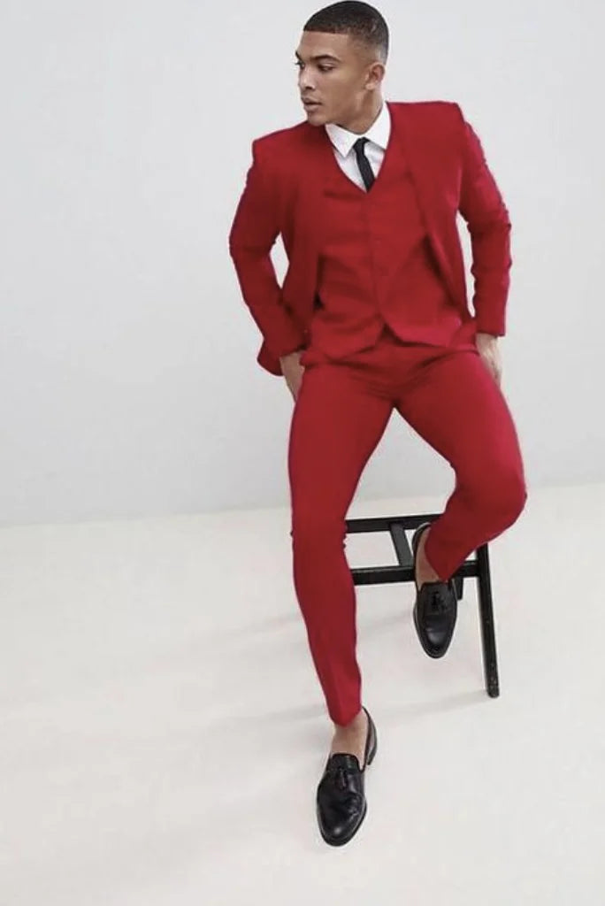 Men Red Suits | 3 Piece Suit | Wedding One Button Suits Red | Sainly