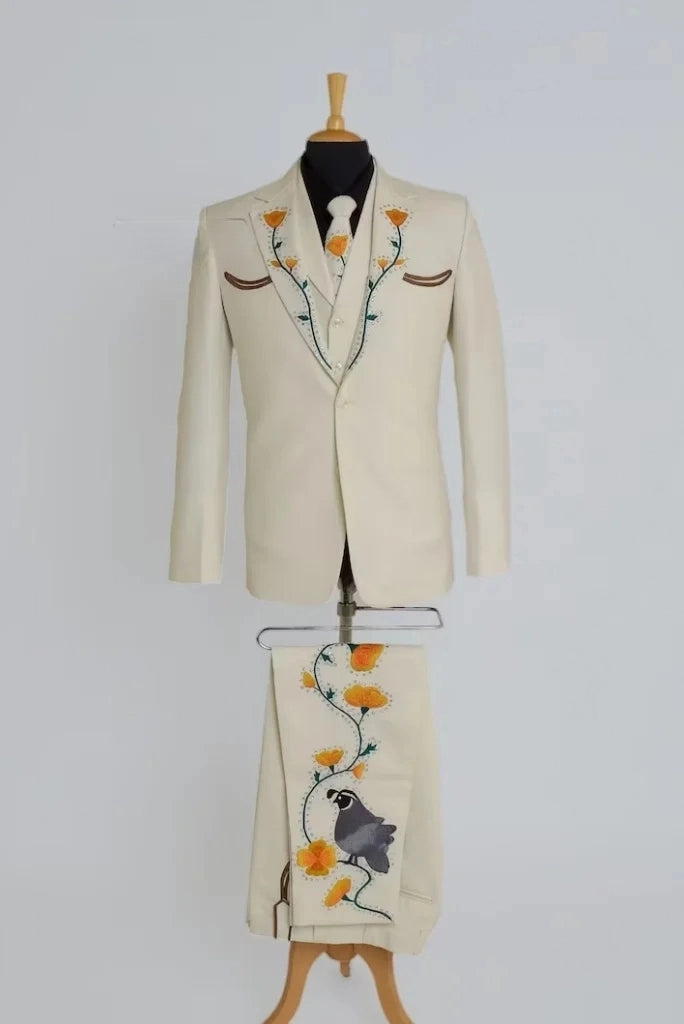 Men Cream Designer Suit Embroidered Flower Hand Work Suit Wear Sainly