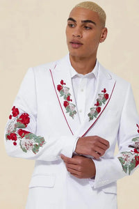 Men White Suit Designer Suit Embroidered Flower Hand Work Suit Sainly