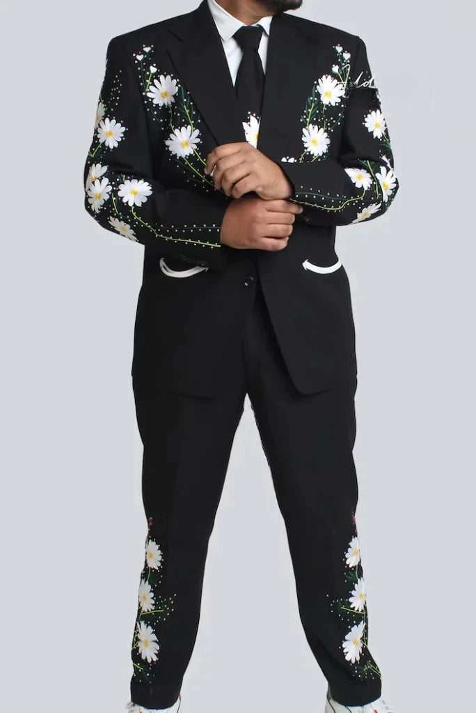 Men Black Designer Suit Embroidered Flower Hand Work Suit Wear Sainly