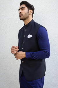 Men Navy Blue Classic Half Jacket Wedding Function Ethnic Jacket Collection At Sainly