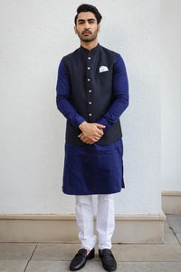 Men Navy Blue Classic Half Jacket Wedding Function Ethnic Jacket Collection At Sainly