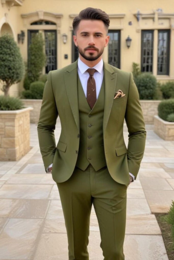 Men Olive Green Suit Three Piece Suit Wedding Beach Suit Sainly