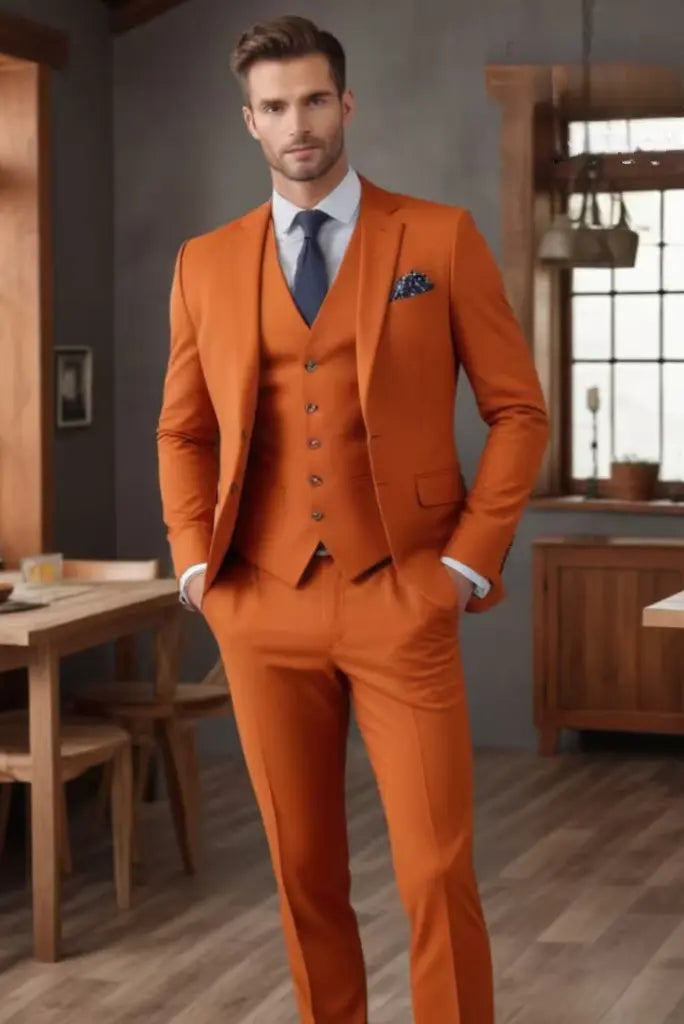 Men Orange Suit Three Piece Suit Orange Dinner Suit Orange Sainly