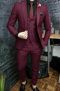 SAINLY Men's Three Piece Suit 32 / 26 Burgundy 3 Piece Slim Fit Suit For Men Bespoke Tailoring