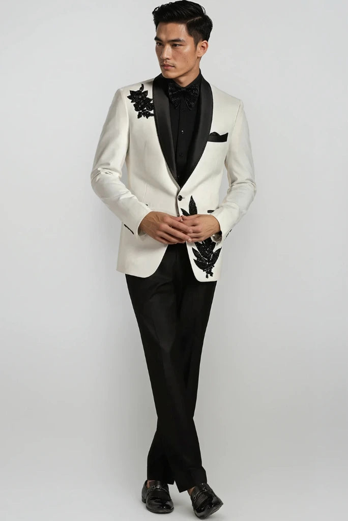 Men Off White Tuxedo Embroidered Suits