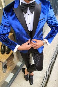 Men Velvet Blue Suit Three Piece Suit Slim Wedding Tuxedo Suit Sainly