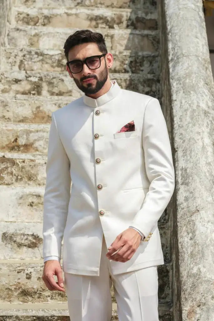 Men White Jodhpuri Suit Bandhgala White Indian Wedding Suits Sainly