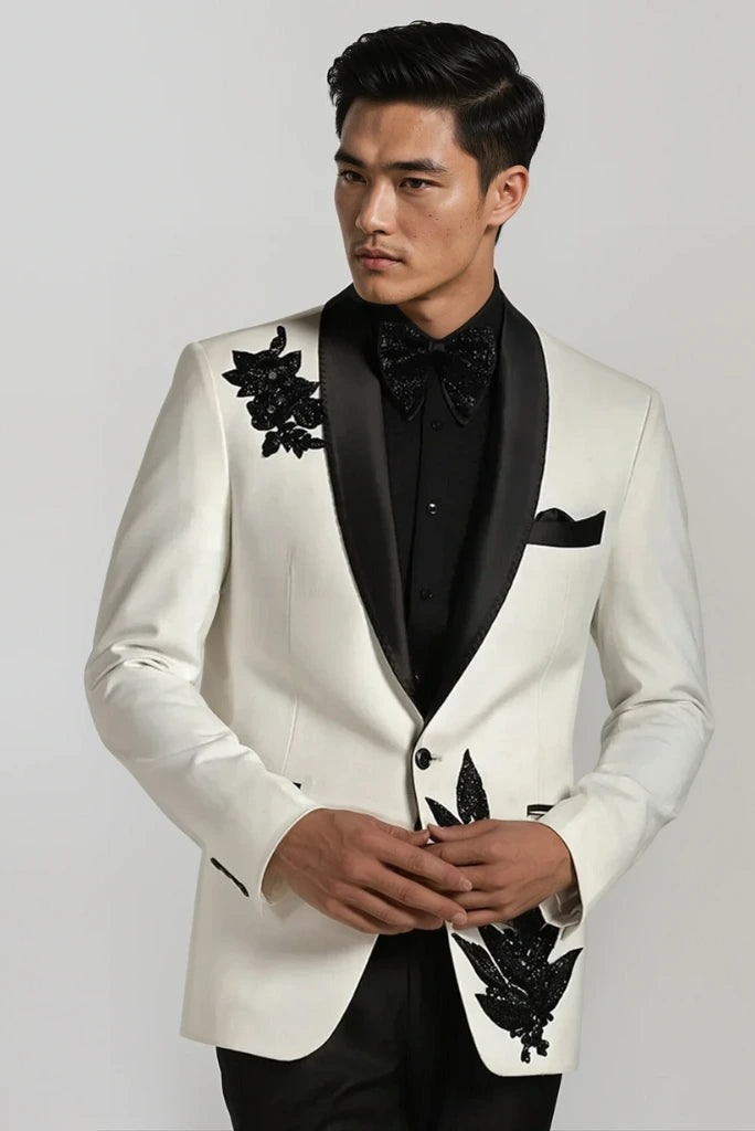 Men Off White Tuxedo Embroidered Suits