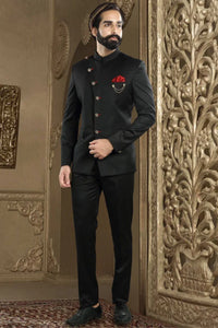 Men's Black Buttoned Design Jodhpuri Suit