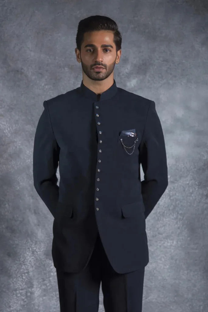 Men's Navy Blue Buttoned Design Jodhpuri Suit