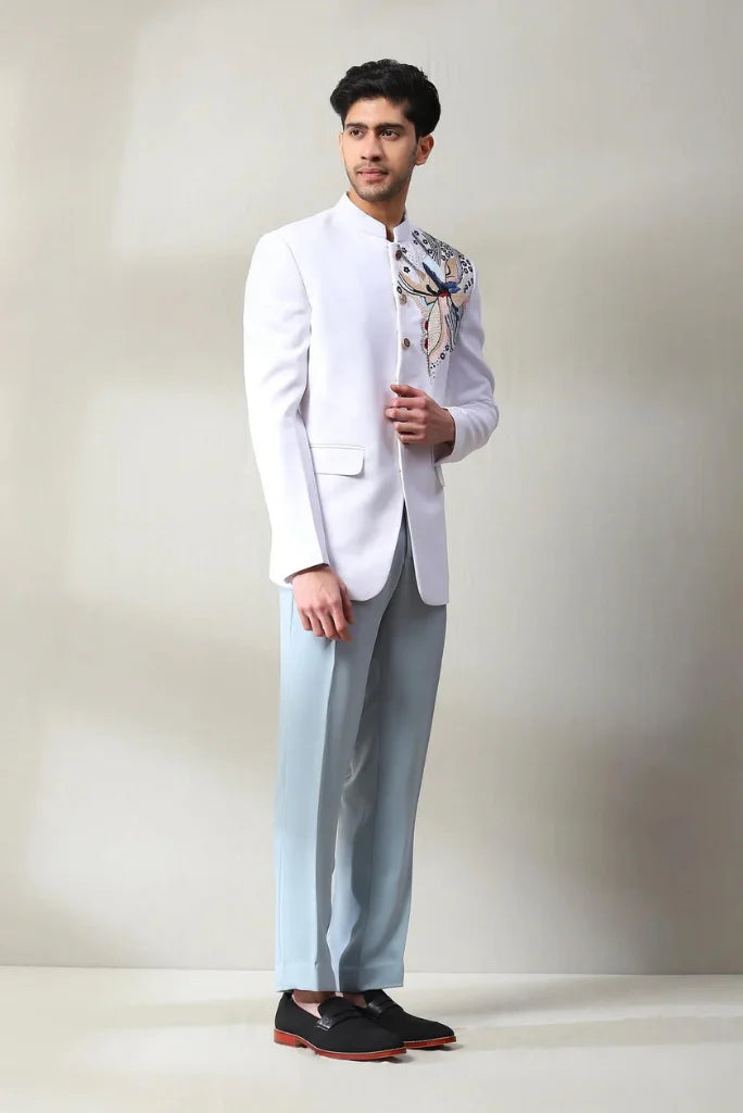 Men's White Embroidered Jodhpuri Suit