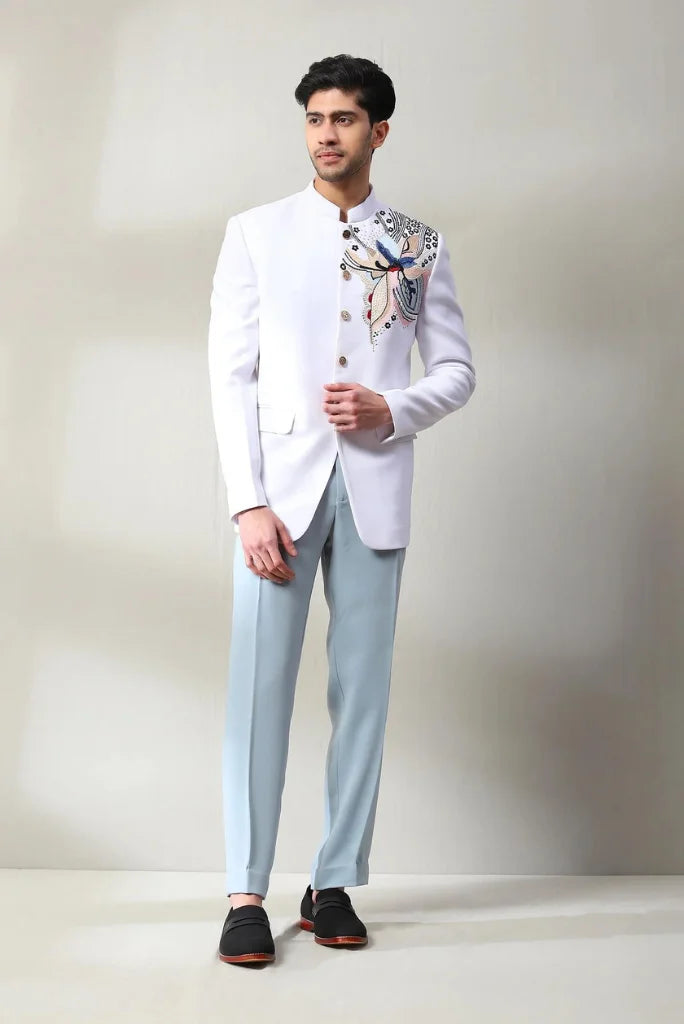 Men's White Embroidered Jodhpuri Suit