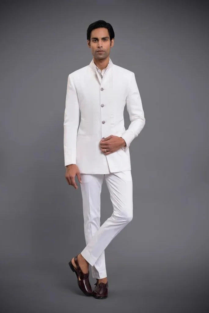 Men's White Bandhgala Jodhpuri Suit