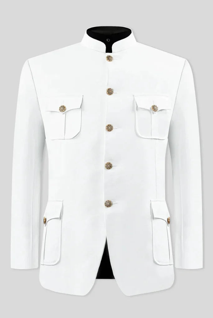 Men's White Pocket Design Jodhpuri Suit 