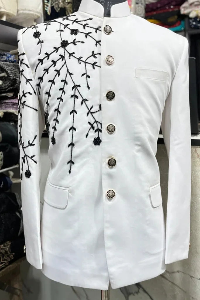 Men's White Embroidered Jodhpuri Suit