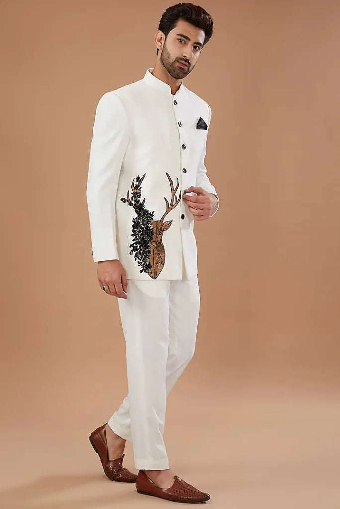 Men's White Embroidered Jodhpuri Suit