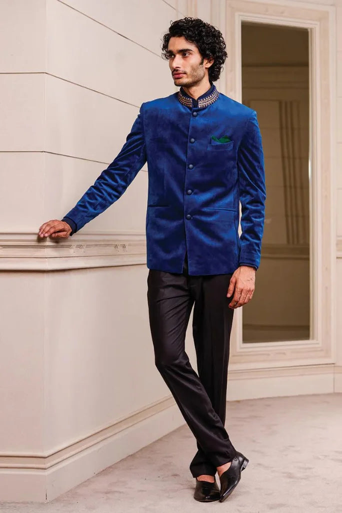 Blue Velvet Jodhpuri Suit With Black Pant For Groom, Wedding, Proms, Dinner 2 Piece (Coat cheapest + Pant)