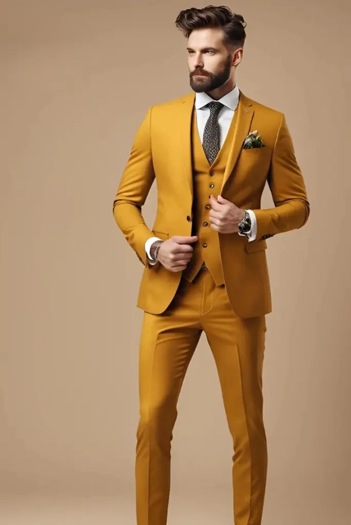 Men Classic Mustard Formal Dinner Suit Three Piece suit One Button Suit Prom Suit Bespoke
