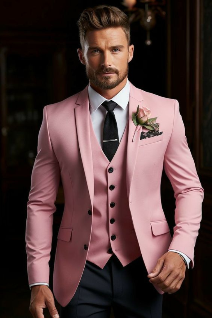 Men Pink Suit Three Piece Suit Wedding Prom Pink Suit Sainly