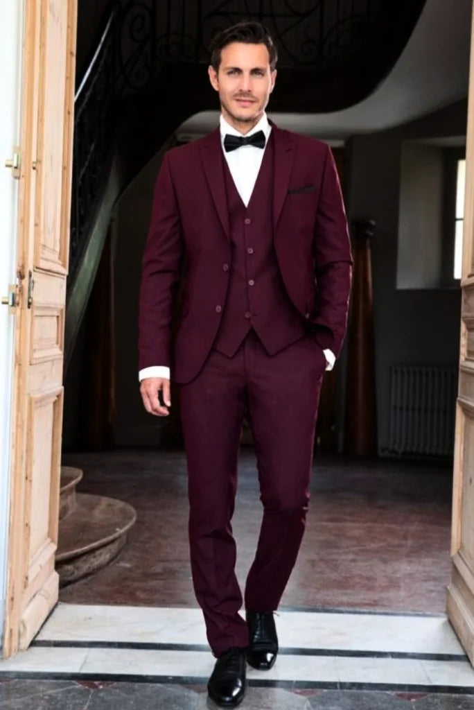 Top Men Suits Maroon 2 Piece Wedding Groom Wear One Button Body Fit Suits