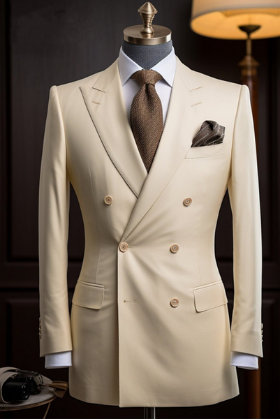 Men Double Breasted Cream Suit 2 Piece Suit Wedding Suit Cream Sainly ...