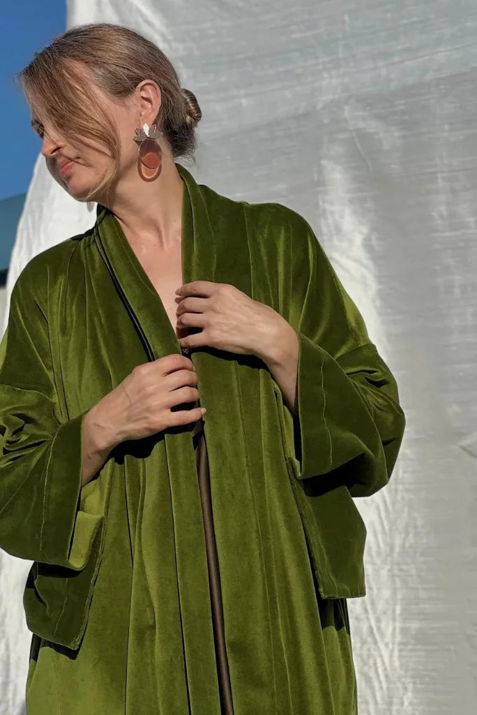 Women Green Velvet Kimono