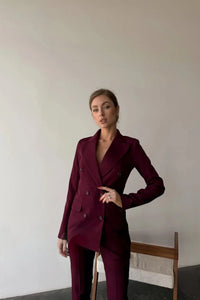 Women Burgundy Double Breasted 2 Piece Suit