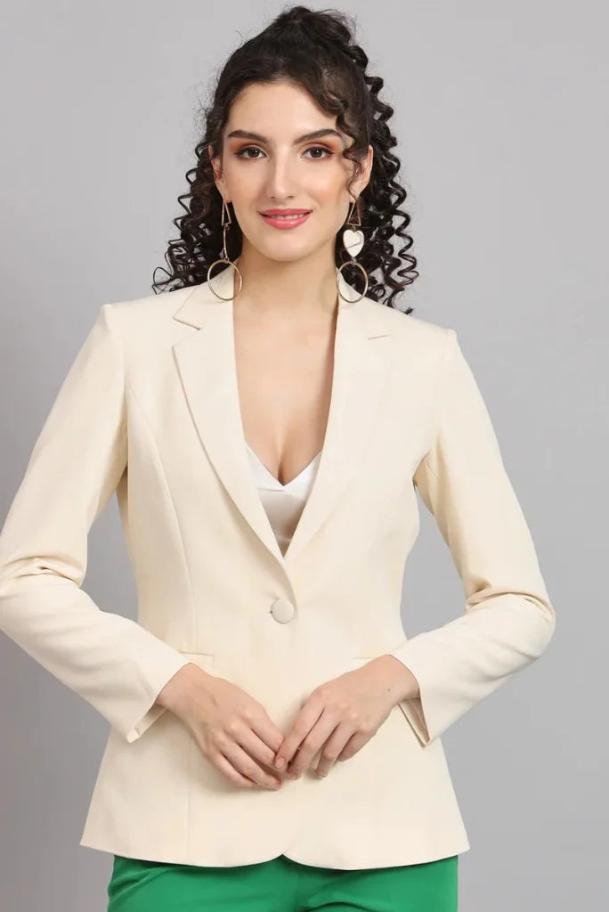 Women Cream Single Breasted Blazer