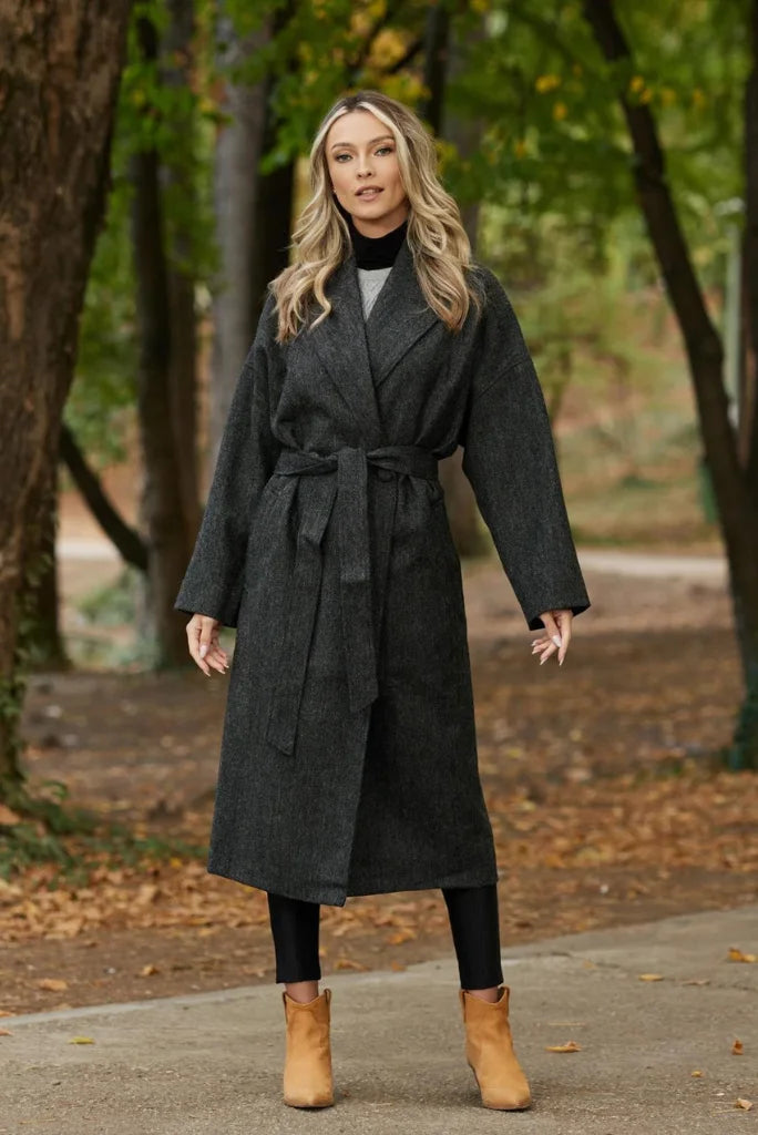 Women Grey Belted Long Coat