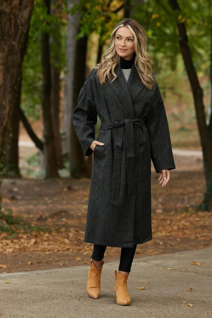 Women Grey Belted Long Coat