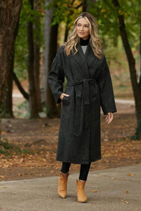 Women Grey Belted Long Coat