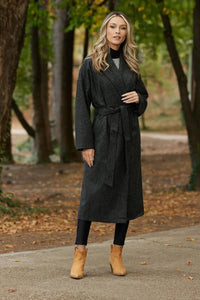 Women Grey Belted Long Coat