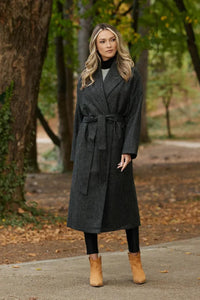 Women Grey Belted Long Coat