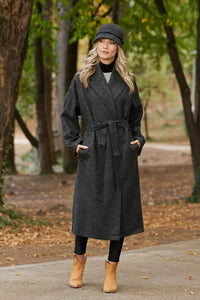 Women Grey Belted Long Coat