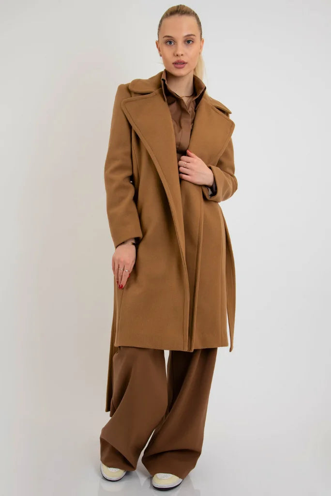 Women Camel Brown Belted Long Coat