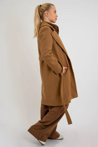 Women Camel Brown Belted Long Coat