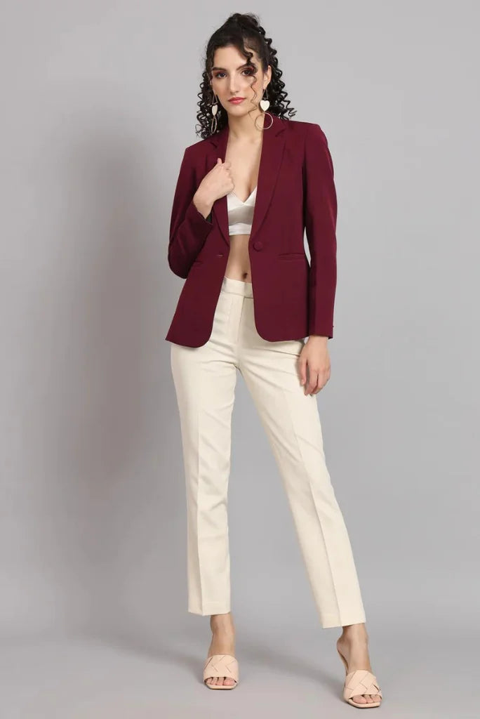 Women Maroon Single Breasted Blazer