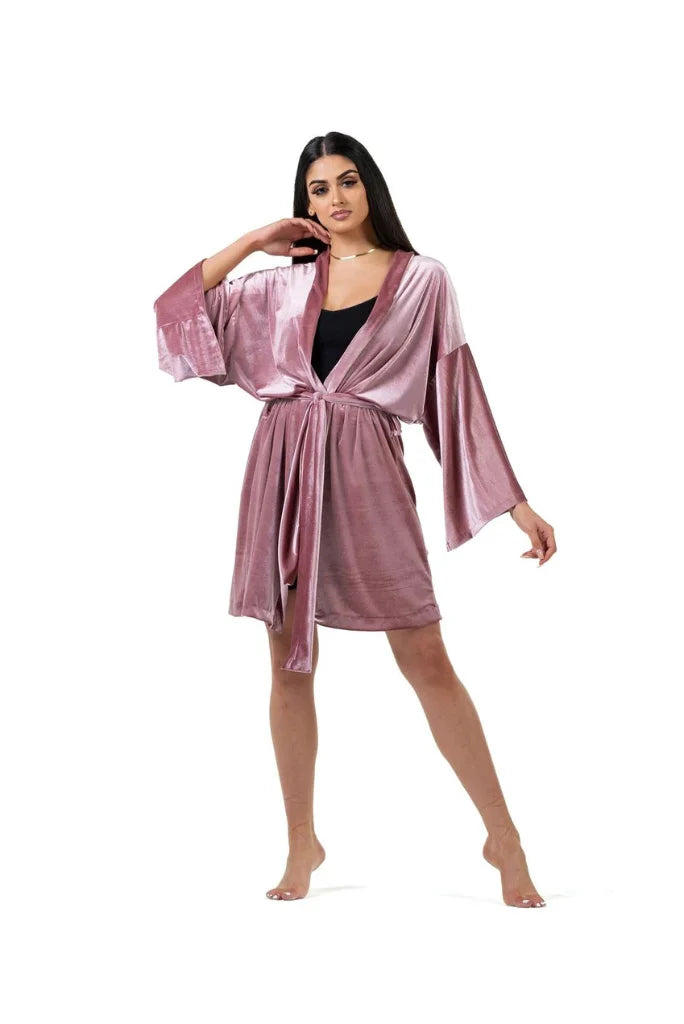 Women Rose Pink Velvet Kimono