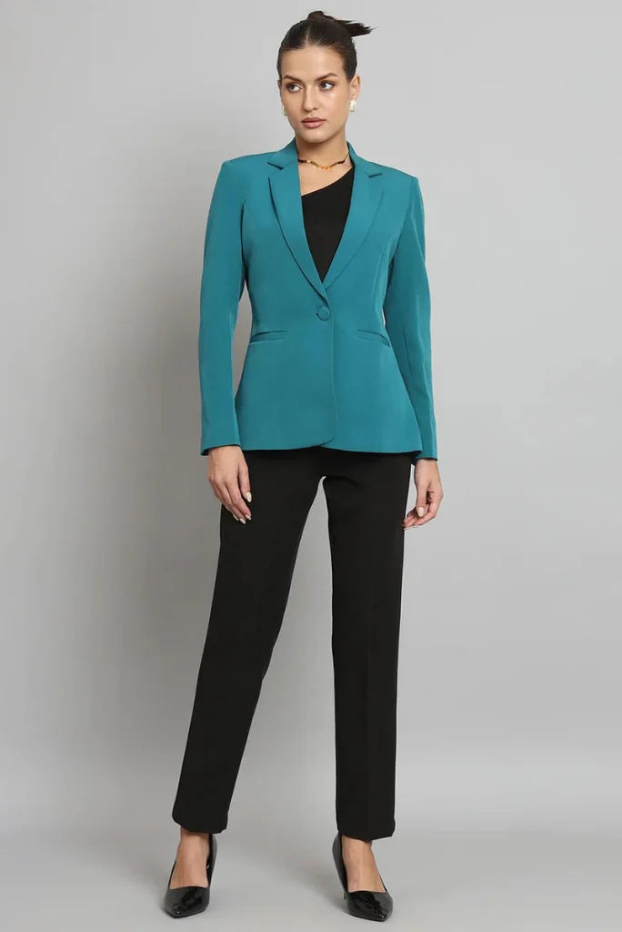 Women Teal Blue Single Breasted Blazer