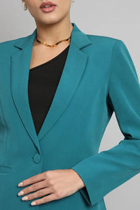 Women Teal Blue Single Breasted Blazer