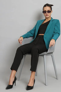 Women Teal Blue Single Breasted Blazer