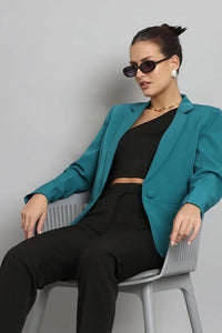 Women Teal Blue Single Breasted Blazer