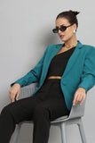 Women Teal Blue Single Breasted Blazer